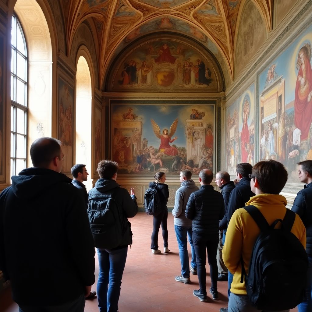 Guida che spiega affreschi in una chiesa italiana a un piccolo gruppo