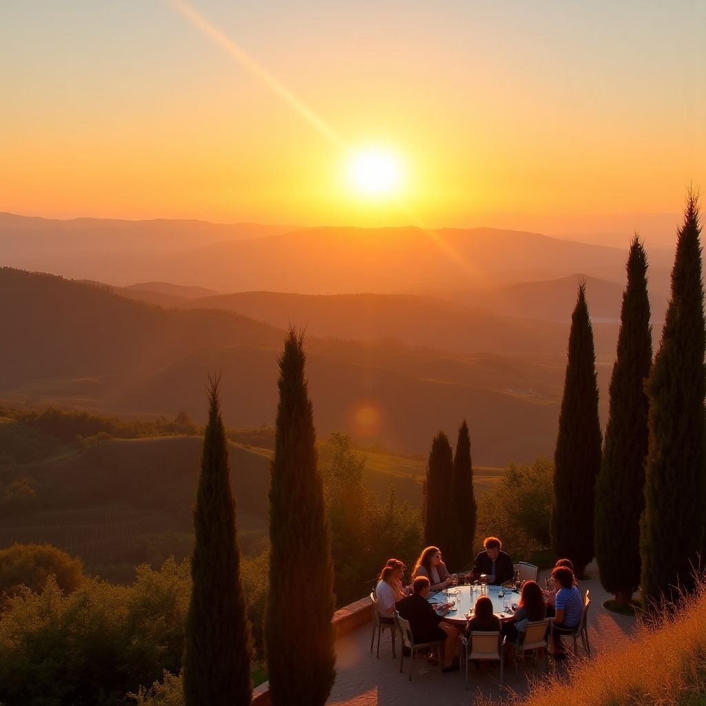 Tramonto su un tour delle colline toscane con gruppo di viaggiatori